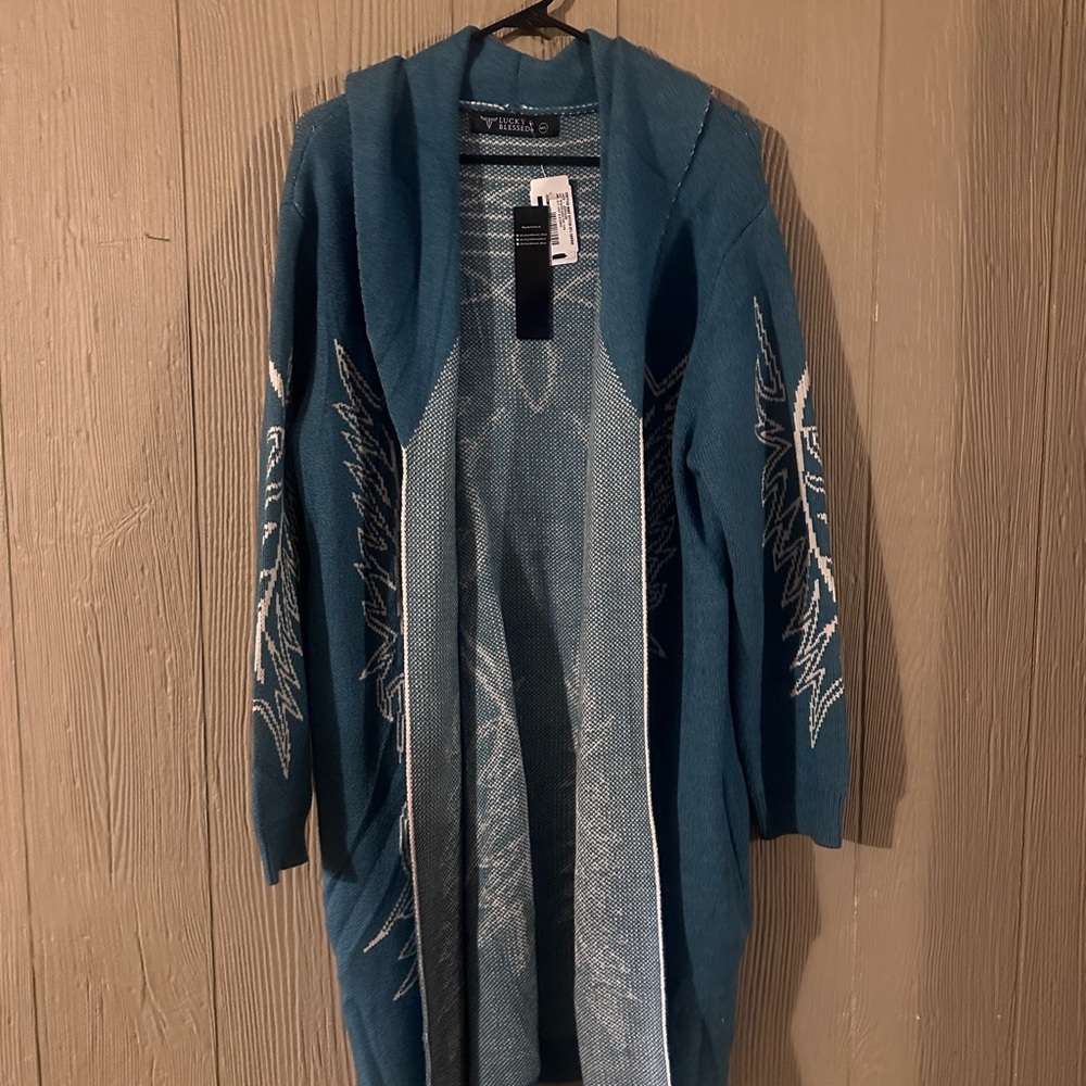 Western Teal Open Front Sweater
